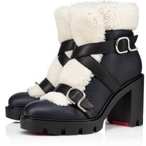 Christian Louboutin Black Cream Pole Chic 70mm Shearling Heeled Ankle Boot